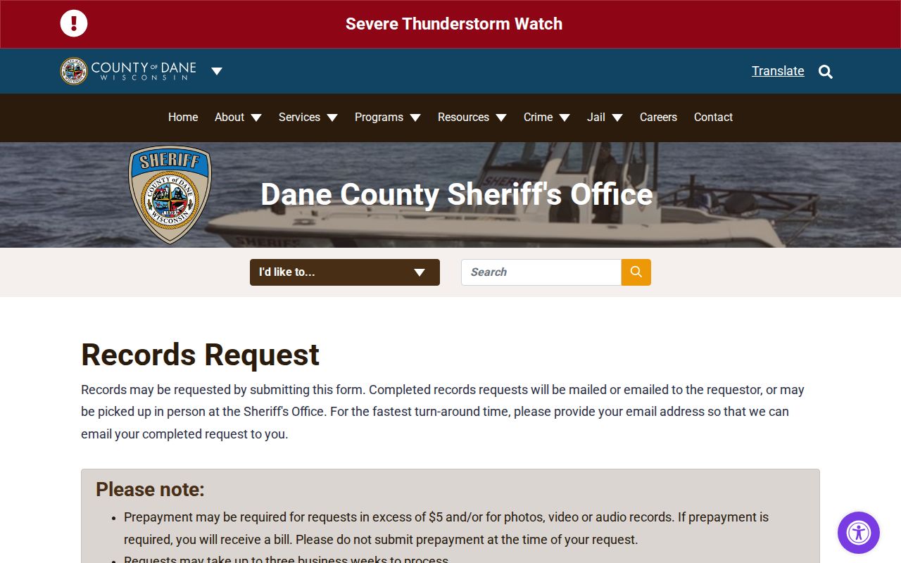 Dane County arrest record request form from the Sheriff's Office