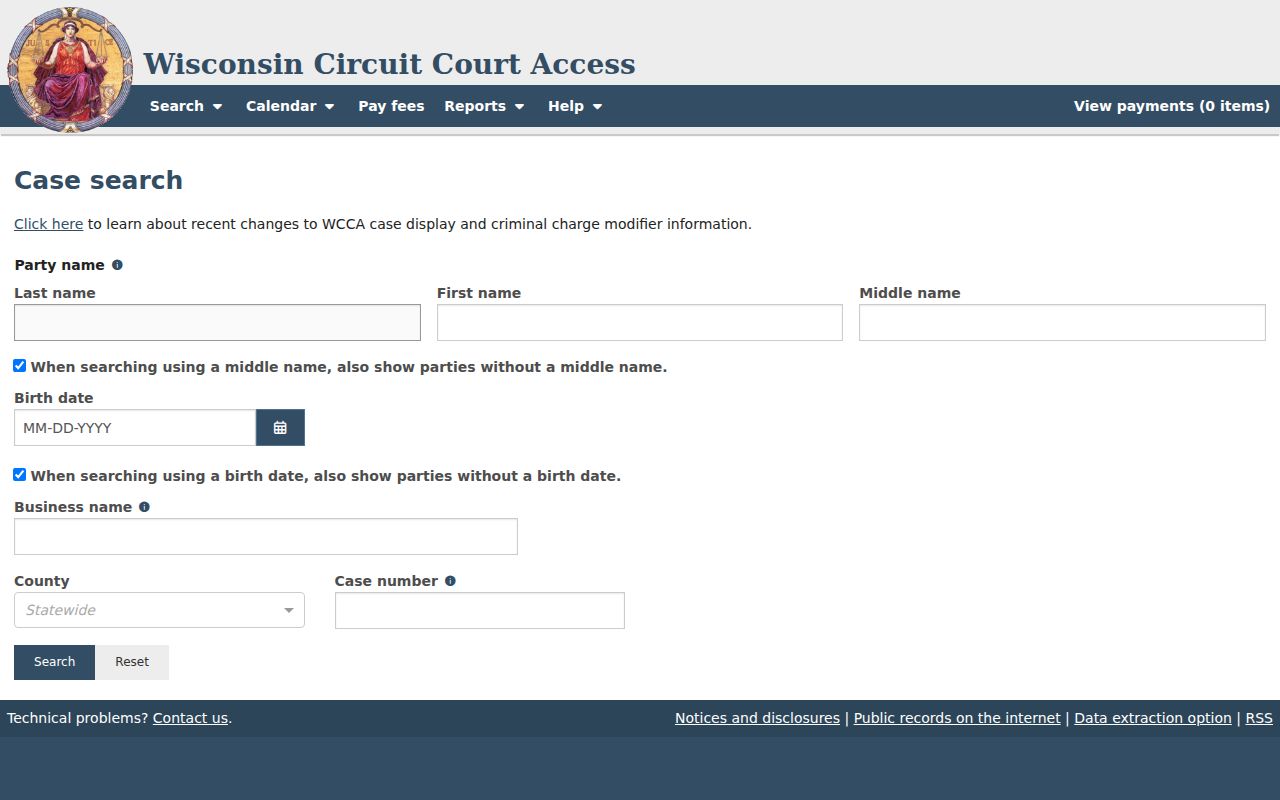 Dane County criminal court case search on Wisconsin Circuit Court Access