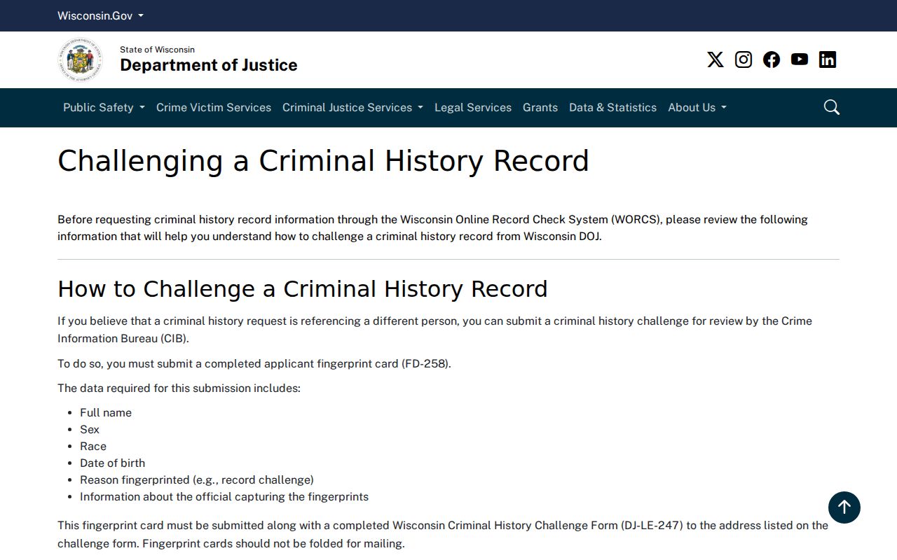 Wisconsin DOJ criminal-history challenge guidance