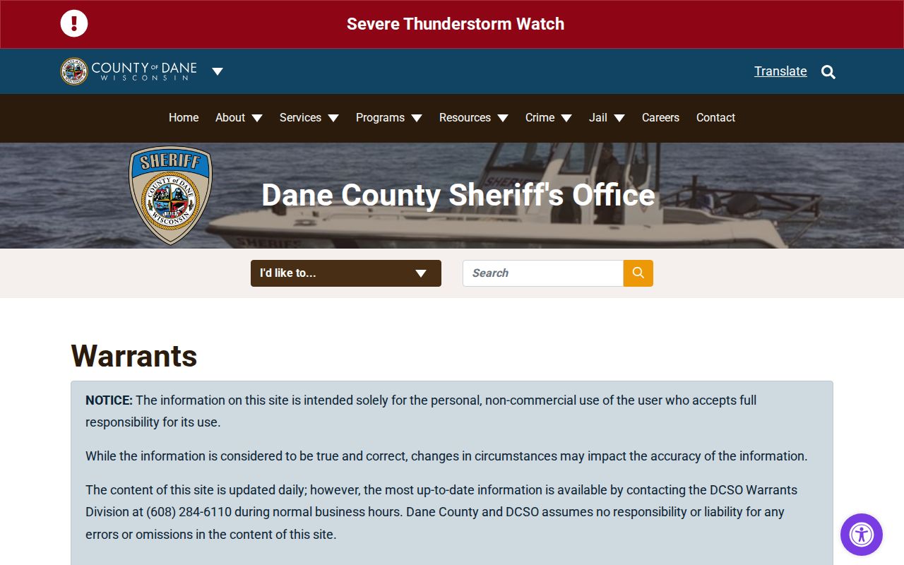 Dane County Sheriff's Office active warrant page