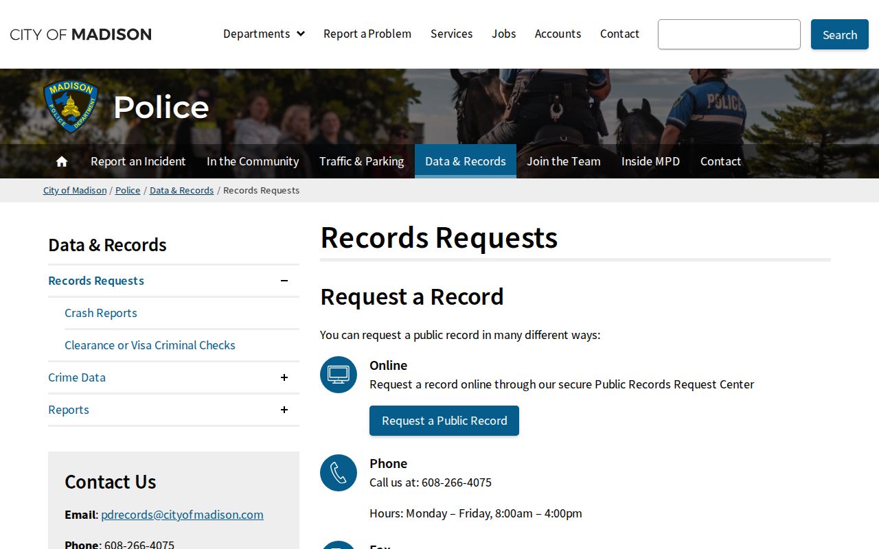 Madison criminal records request routes at the police department