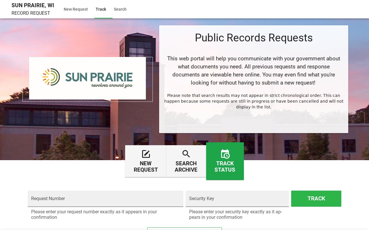 Sun Prairie criminal record request tracking screen